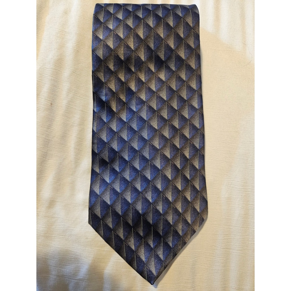 Bill Blass Mens Silk Necktie Navy Blue Grey Geometric Diamond Pattern Tie